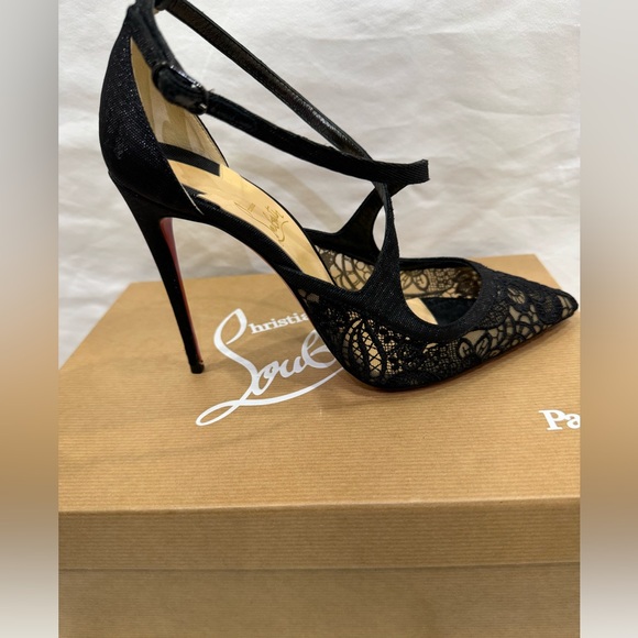 CHRISTIAN LOUBOUTIN TWISTISSIMA BLACK LACE LEATHER HEELS PUMPS. USED! - Picture 1 of 6